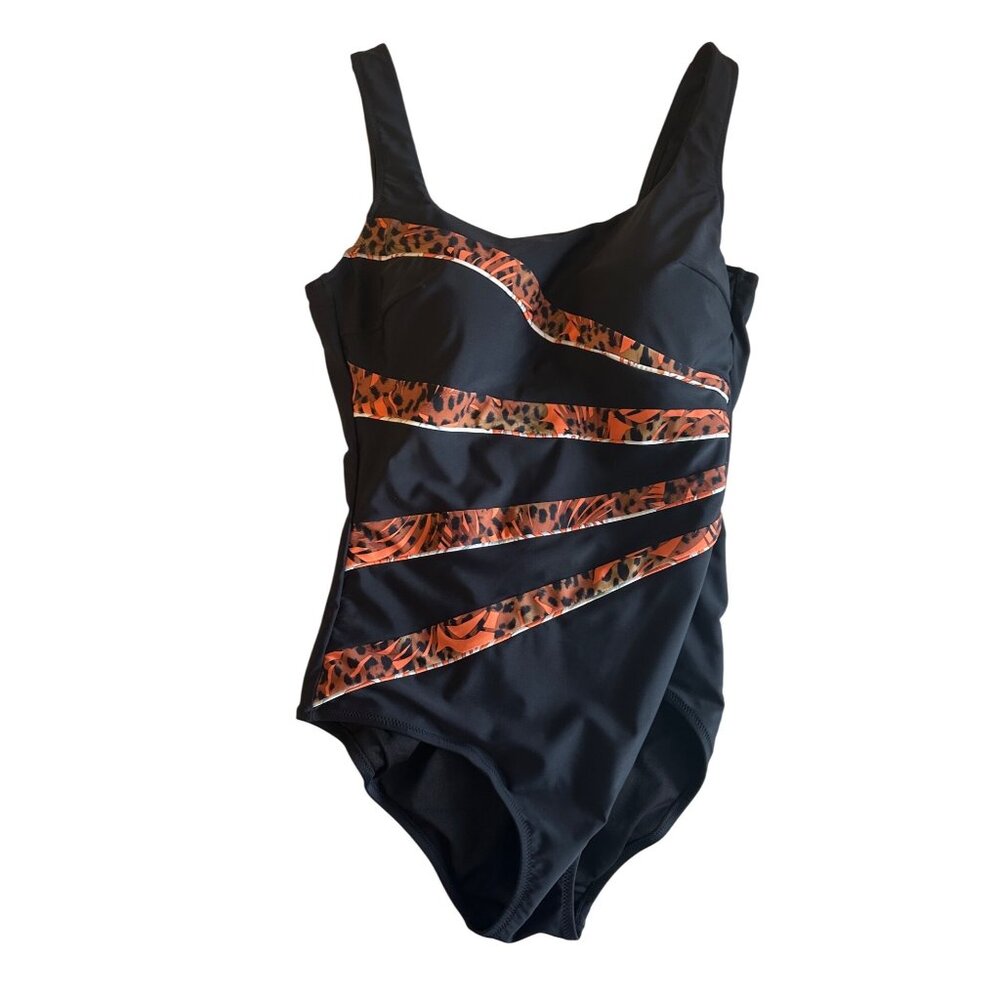 Seekers Essentials Womens One-Piece Swimsuit Sz 14 Black Leopard Print Accents